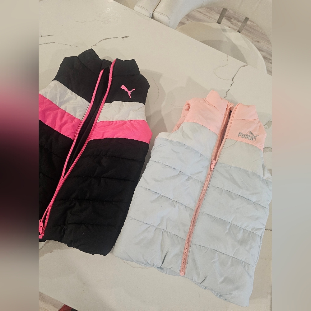 Puma Kids Puffer Vests - Black with Pink and White, Peach with Gray